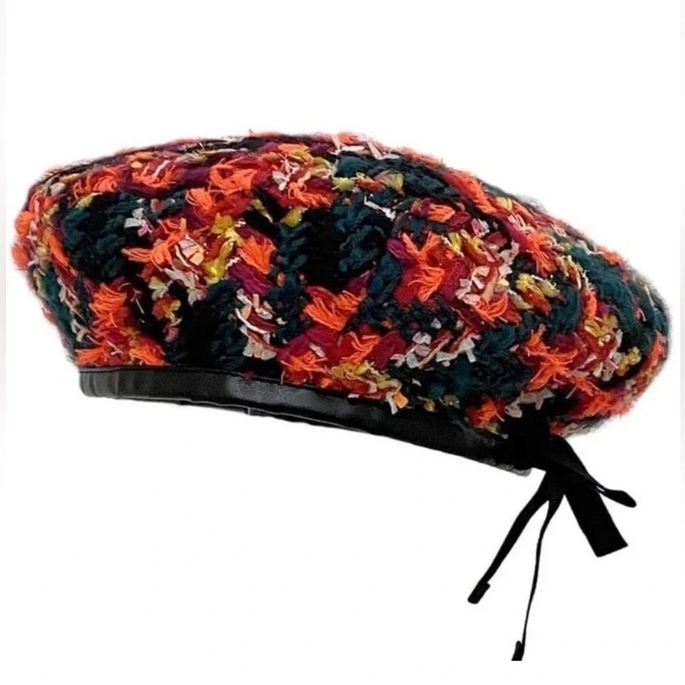 NWT GUCCI LAME BERET CAP Check Lame Sz S Multicolour Orange Tweed